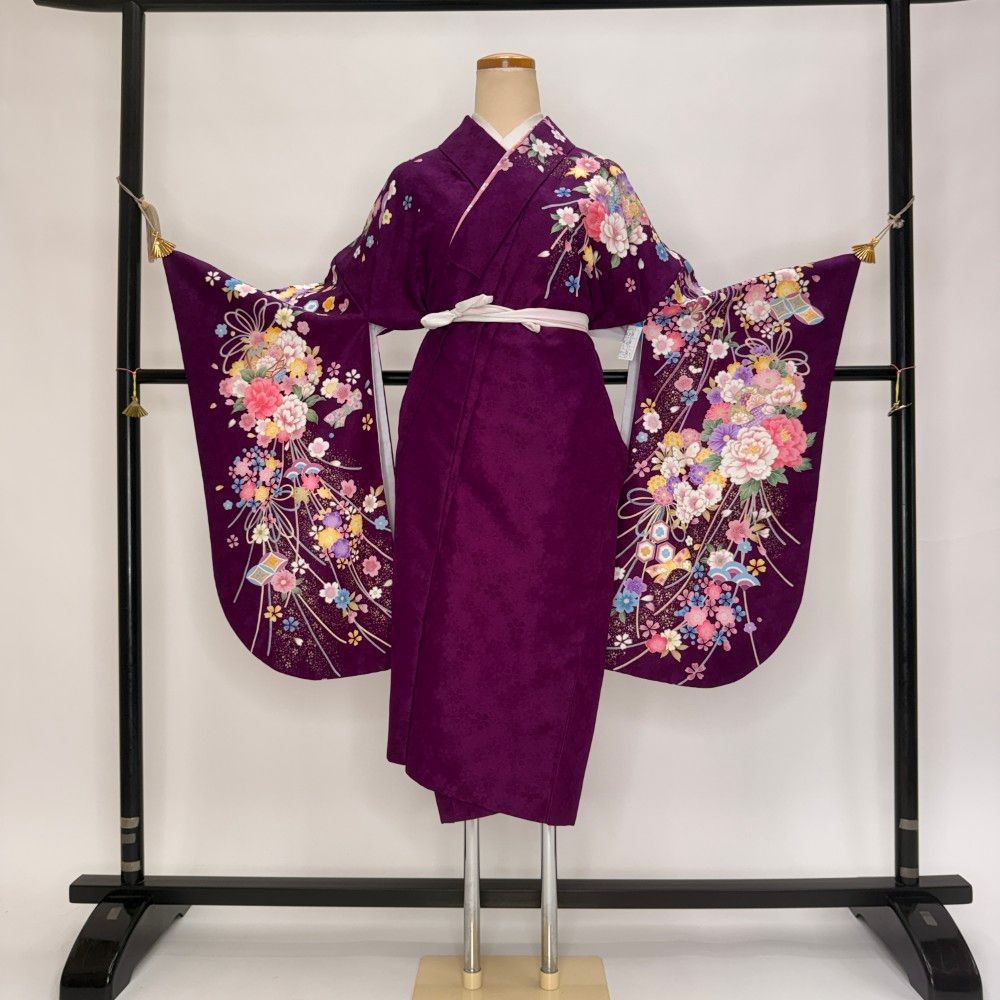 二尺袖 単品 卒業式着物 紫 裄68.5cm Lサイズ 袴用着物 化繊 中古 5820