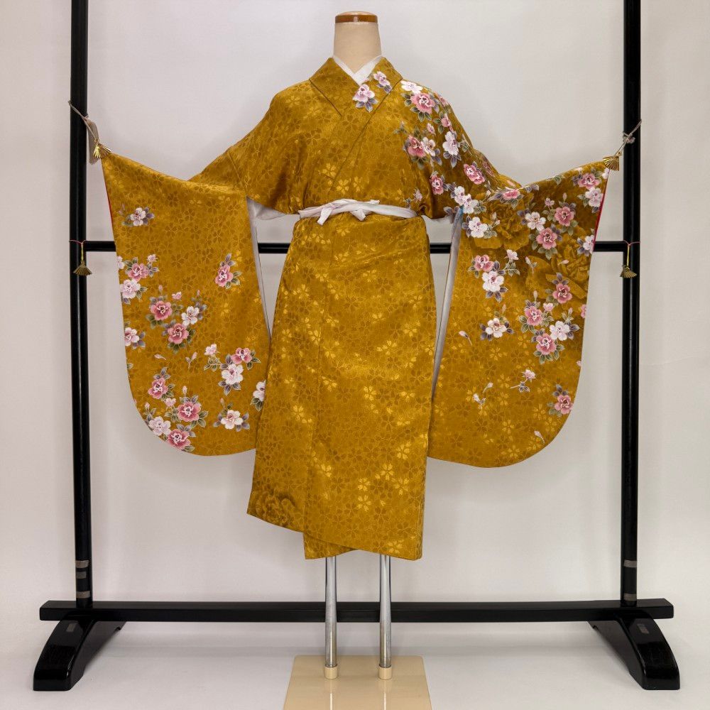 二尺袖 単品 卒業式着物 からし 裄68.5cm Lサイズ 袴用着物 化繊 中古 5821