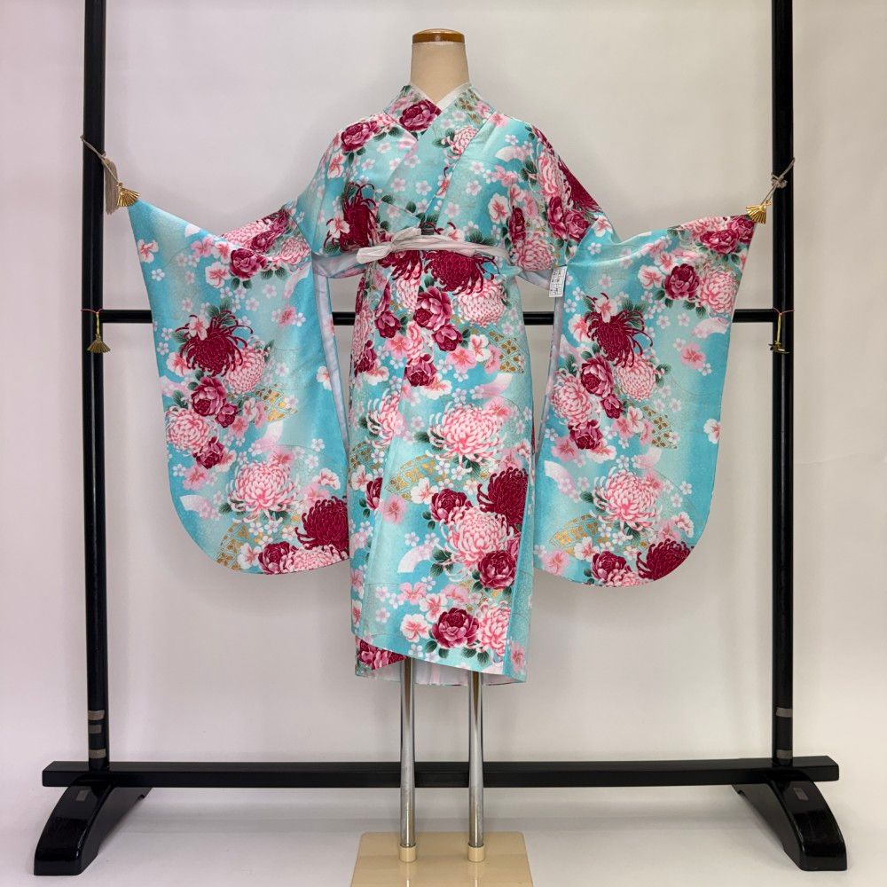 二尺袖 単品 卒業式着物 水色 裄68cm Lサイズ 袴用着物 化繊 中古 5823