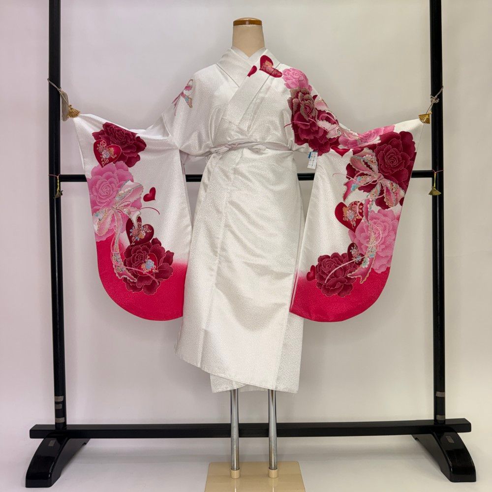 二尺袖 単品 卒業式着物 白 裄68cm Lサイズ 袴用着物 化繊 中古 5827