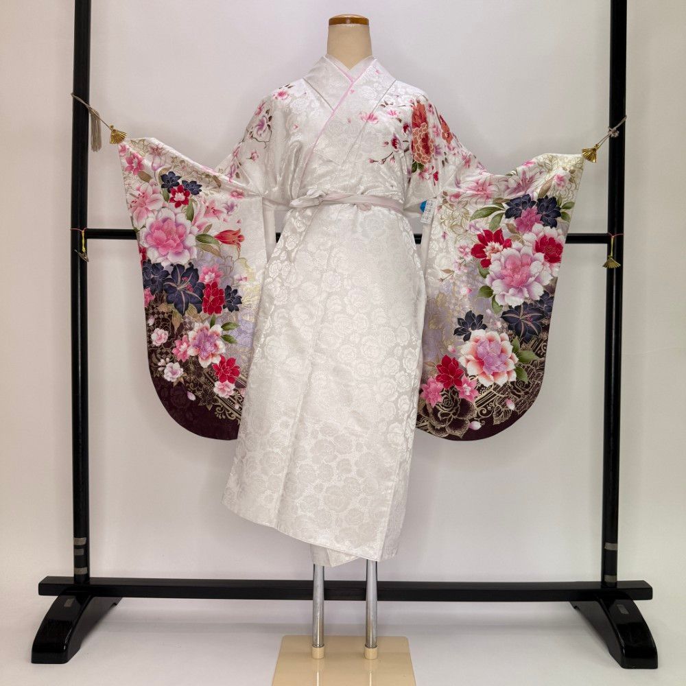 二尺袖 単品 卒業式着物 白 裄68cm Lサイズ 袴用着物 化繊 中古 5829