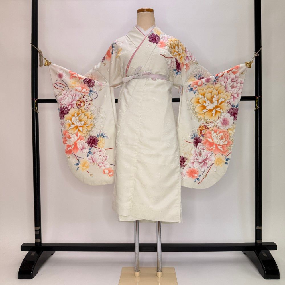 二尺袖 単品 卒業式着物 白 裄69cm Lサイズ 袴用着物 化繊 中古 5839