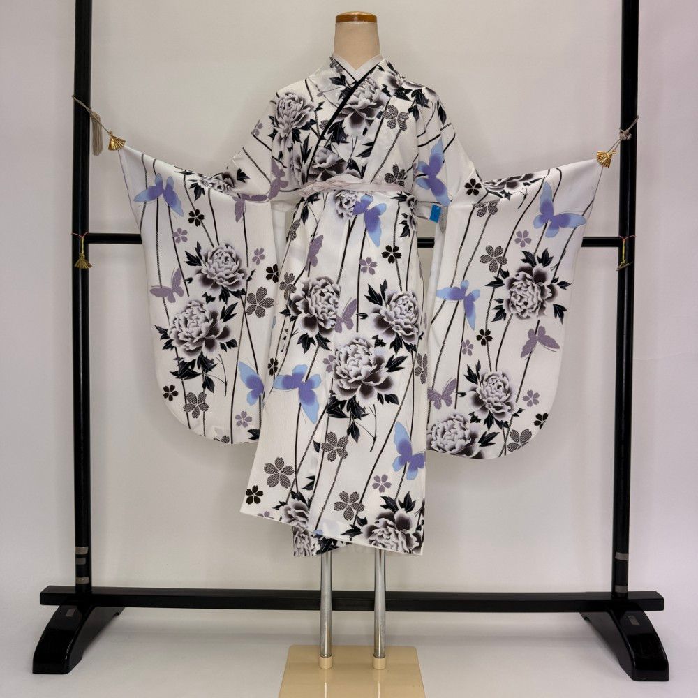 二尺袖 単品 卒業式着物 白 裄69cm Lサイズ 袴用着物 化繊 中古 5840