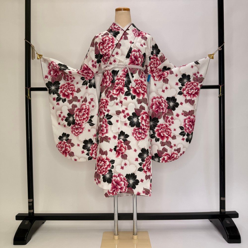 二尺袖 単品 卒業式着物 白 裄70cm LLサイズ 袴用着物 化繊 中古 5841