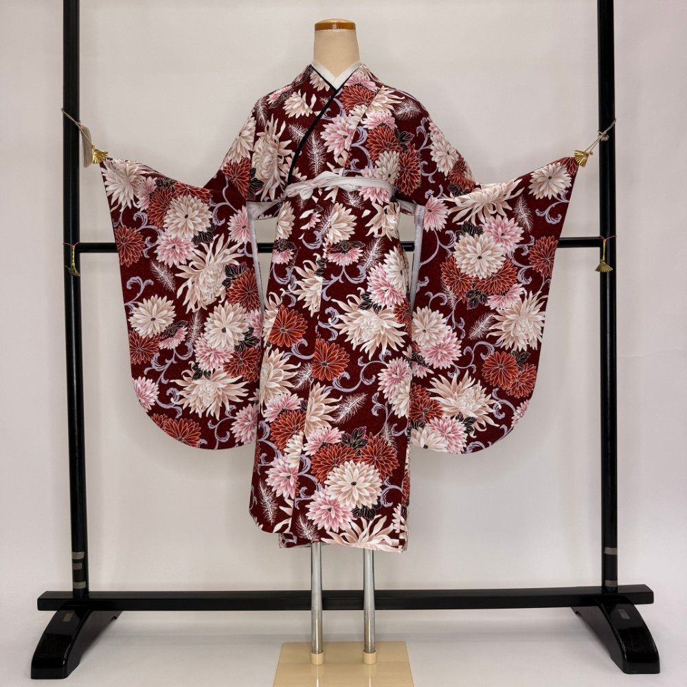 二尺袖 単品 卒業式着物 赤 裄68cm Lサイズ 袴用着物 化繊 中古 5842
