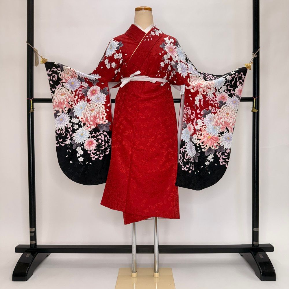二尺袖 単品 卒業式着物 赤 裄68.5cm Lサイズ 袴用着物 化繊 中古 5845