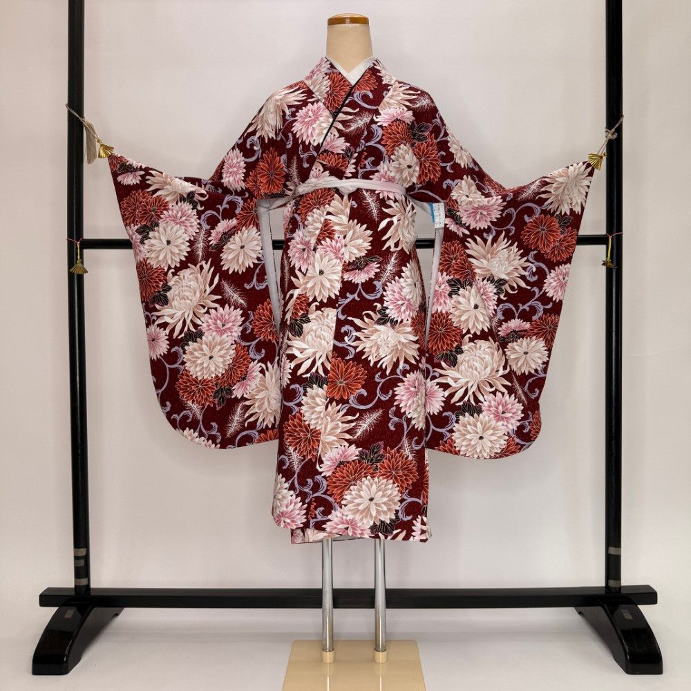 二尺袖 単品 卒業式着物 赤 裄69cm Lサイズ 袴用着物 化繊 中古 5848