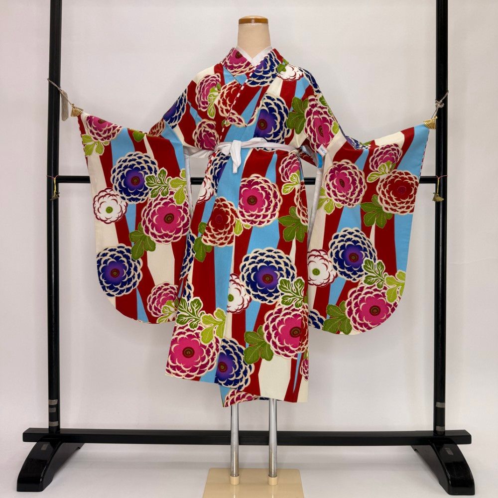 二尺袖 単品 卒業式着物 赤 裄69cm Lサイズ 袴用着物 化繊 中古 5849