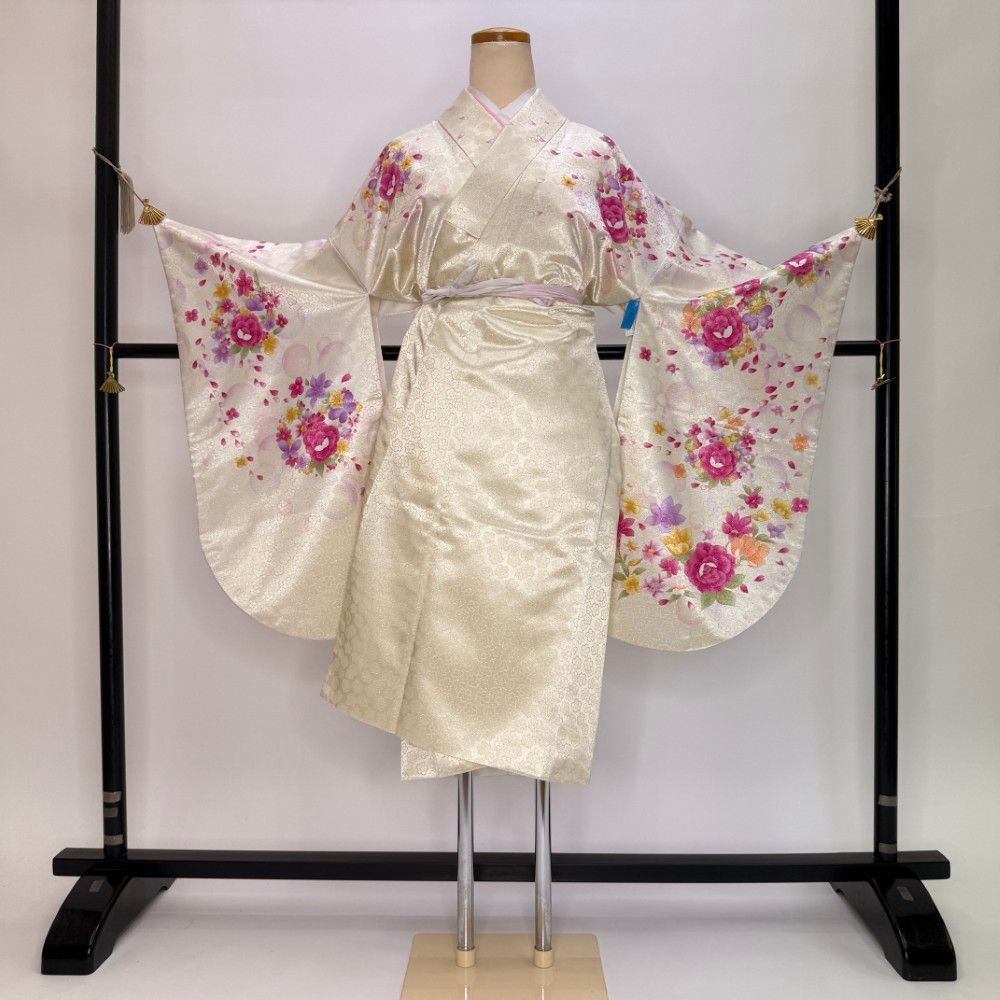 二尺袖 単品 卒業式着物 クリーム 裄68cm Lサイズ 袴用着物 化繊 中古 5853