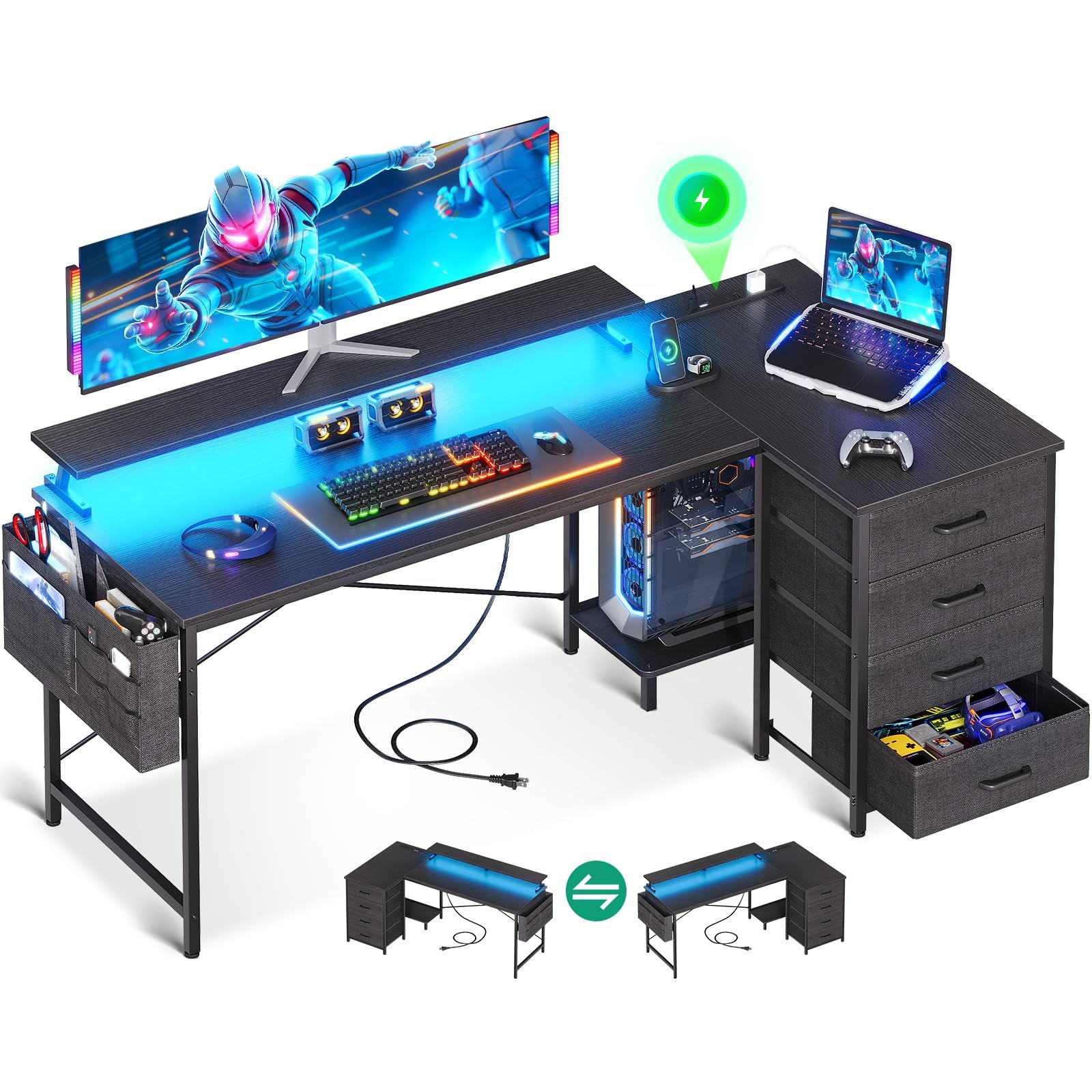 AODK ゲーミングデスク パソコンデスク l字デスク 引き出し&コンセント付き 幅160×奥行80cm 机 pcデスク ゲームデスク LED付き gaming desk l shaped 在宅ワーク/オフィス用 左右入れ替え対応 ブラックma