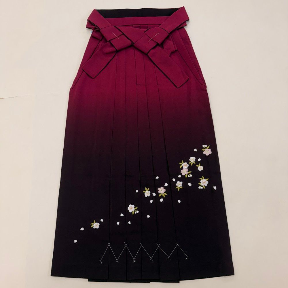 袴 L size 紐下丈95cm 行灯袴 卒業袴 女性用袴 エンジ ぼかし 刺繍 中古 5883