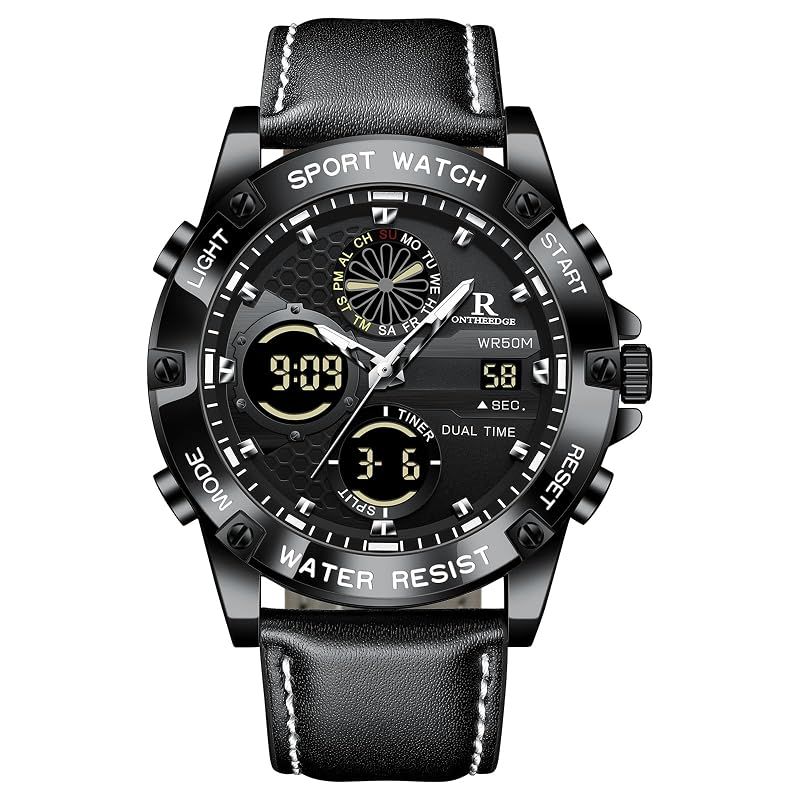 【新品】 腕時計 メンズ watch for men アナログデジタル クオーツ時計 5 気圧防水 蓄光 本革ベルト 多機能 日付 ストップウォッチ アラーム デュアルタイム ビジネス かっこいい 大きい文字盤 男性 紳士 就活 プレゼント(ブラック)