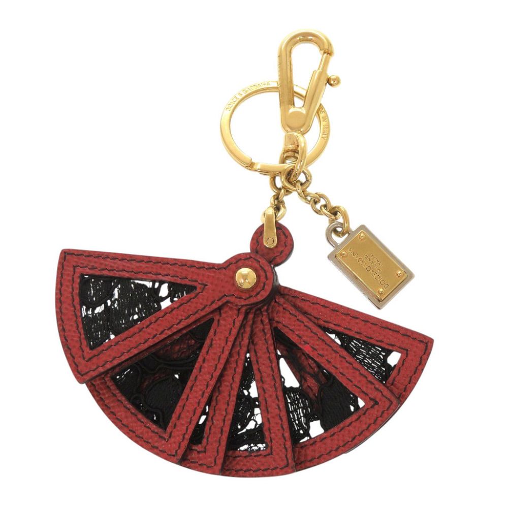 美品 ドルチェアンドガッバーナ 扇子モチーフ メタル レザー レッド ブラック キーホルダー 0708 DOLCE&GABBANA