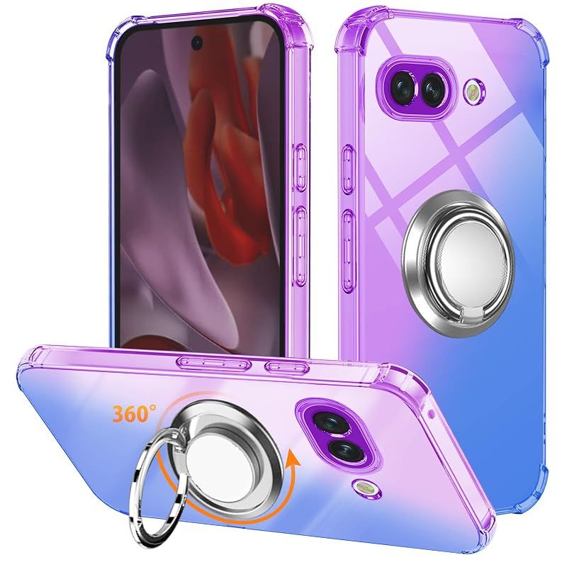 【新品】 対応 Google Pixel 9a 用 ケース リング TPU 薄型 グーグルピクセル9a ケース 軽量シリコン グラデーション色 ケース 耐衝撃 指紋防止 車載ホルダー対応 防塵 一体型 人気 携帯カバー(パープルブルー)