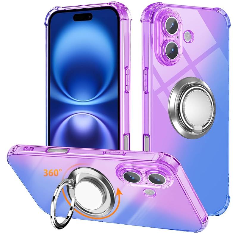 【新品】 iPhone 17 用 ケース リング TPU 薄型 軽量 アイフォン17用 6.3インチ シリコン グラデーション色 ケース 耐衝撃 指紋防止 車載ホルダー対応 防塵 一体型 人気 携帯カバー(パープルブルー)