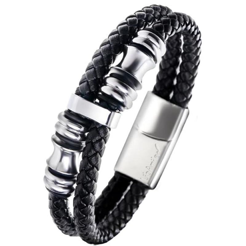 【新品】 【正規品】ブレスレット メンズ レザー 腕輪 アクセサリー 黒 二連ブレスレット プレゼント ジュエリー 編みこみレザー ジュエリーポーチ付き (Sサイズ)