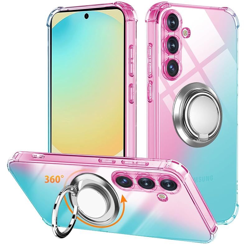 【新品】 対応 Galaxy S24 FE ケース リング TPU 薄型 軽量シリコン グラデーション色 ケース 耐衝撃 指紋防止 車載ホルダー対応 防塵 一体型 人気 携帯カバー(ピンクグリーン)