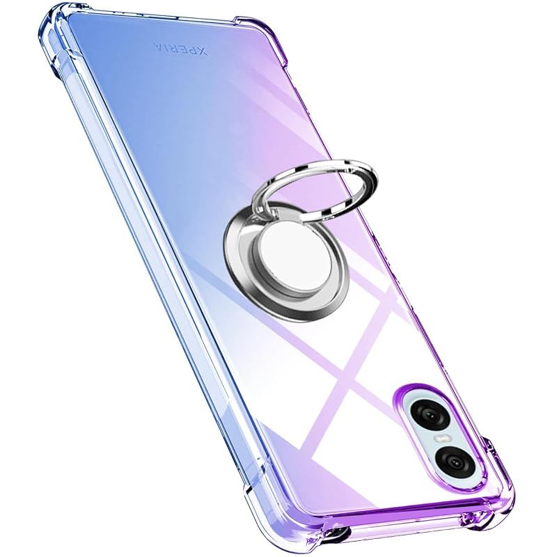 【新品】 対応 Xperia 10 VI 用 ケース リング TPU 薄型 軽量シリコン エクスペリア 10 vi カバー グラデーション色 ケース 耐衝撃 指紋防止 車載ホルダー対応 防塵 一体型 人気 携帯カバー(パープルブルー)