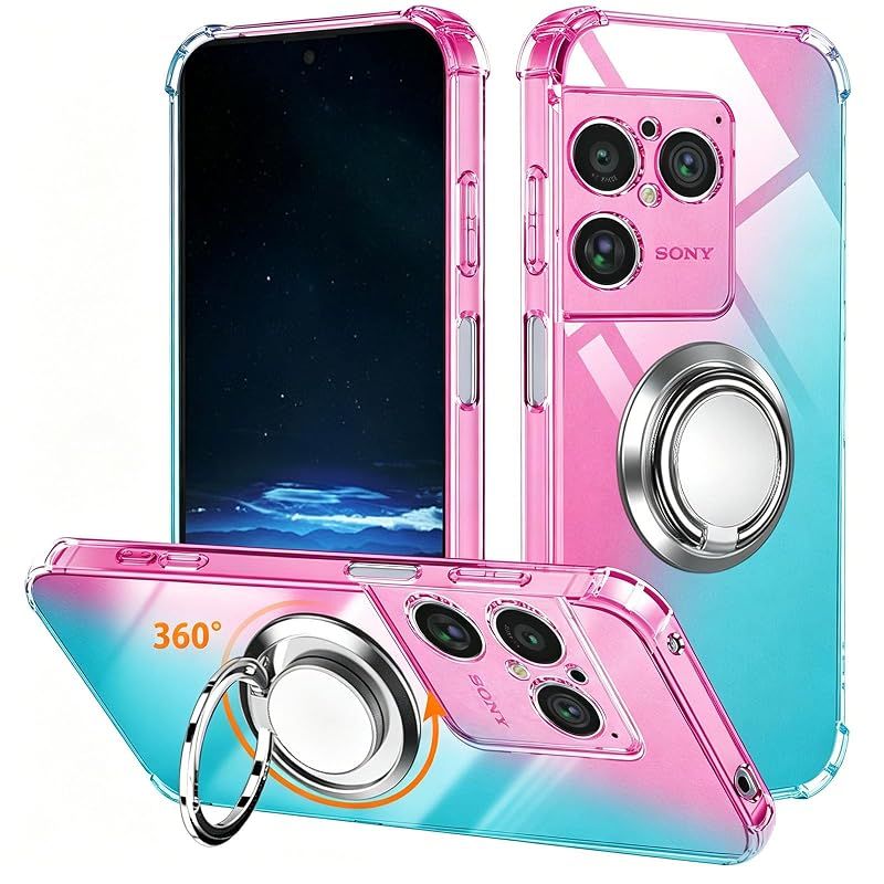【新品】 対応 Xperia 1 VIII ケース リング TPU SO-51G 用 SOG17 用 ケース 薄型 軽量シリコン グラデーション色 ケース 耐衝撃 指紋防止 車載ホルダー対応 防塵 一体型 人気 携帯カバー (ピンクグリーン)