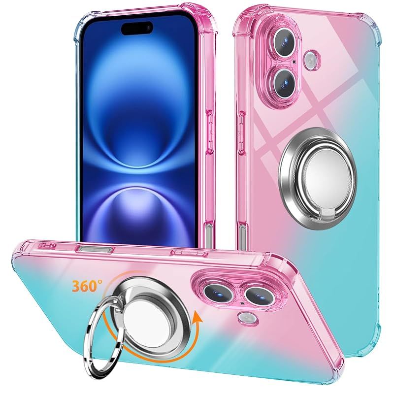 【新品】 iPhone 17 用 ケース リング TPU 薄型 軽量 アイフォン17用 6.3インチ シリコン グラデーション色 ケース 耐衝撃 指紋防止 車載ホルダー対応 防塵 一体型 人気 携帯カバー(ピンクグリーン)