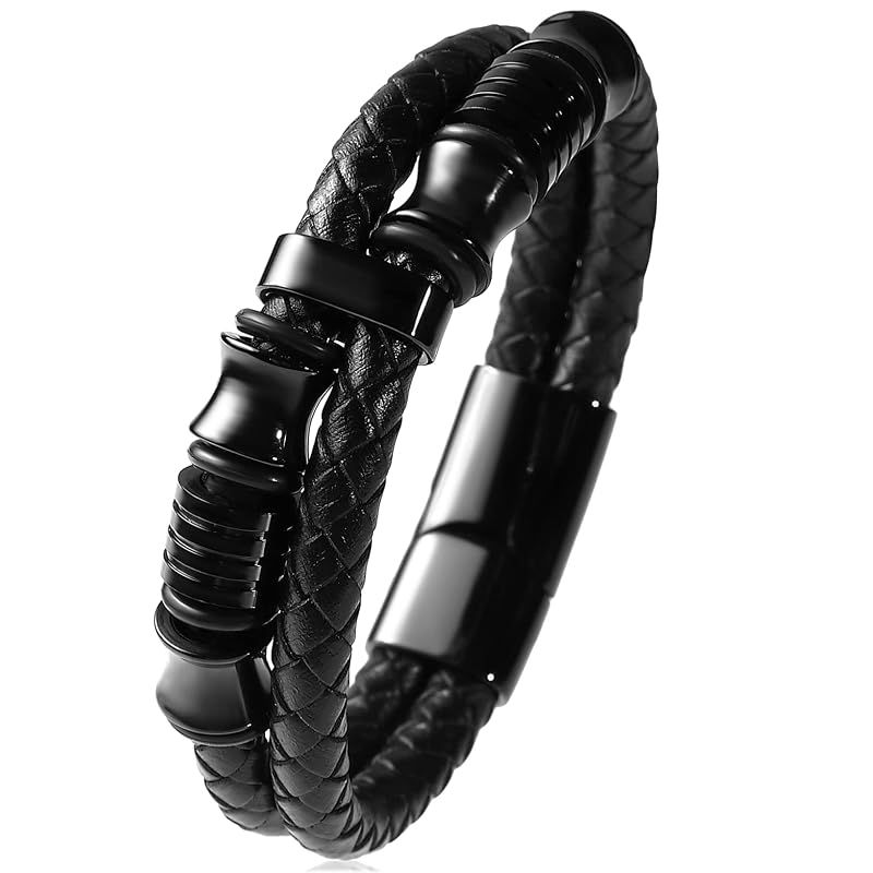 【新品】 【正規品】ブレスレット メンズ レザー 腕輪 アクセサリー 黒 二連ブレスレット プレゼント ジュエリー 編みこみレザー ジュエリーポーチ付き (black×black)