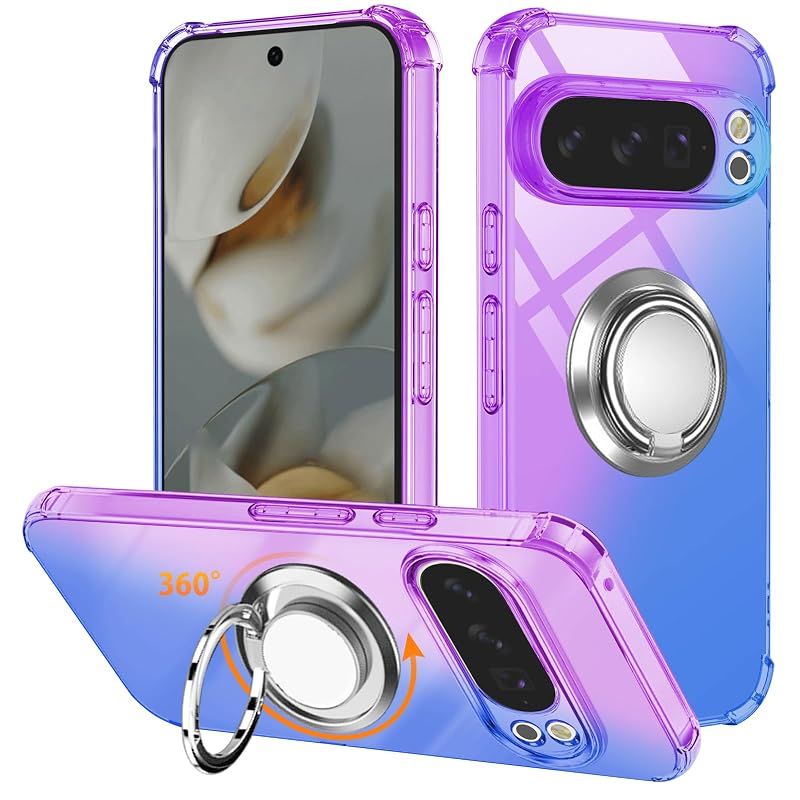 【新品】 対応 Google Pixel 10 Pro XL ケース リング TPU 薄型 軽量シリコン グラデーション色 ケース 耐衝撃 指紋防止 車載ホルダー対応 防塵 一体型 人気 携帯カバー(パープルブルー)