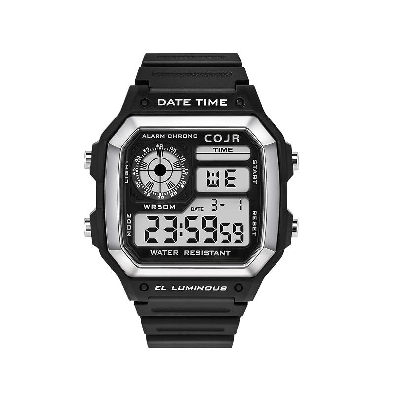 【新品】 [COJR] デジタル腕時計 メンズ 5気圧 防水 腕時計 多機能付き アラーム ストップウォッチ 日付 曜日 LEDカラーライト 人気 ランニング シンプル アウトドア おしゃれ 男女兼用 日本語と英語取扱説明書付き (ブラック)