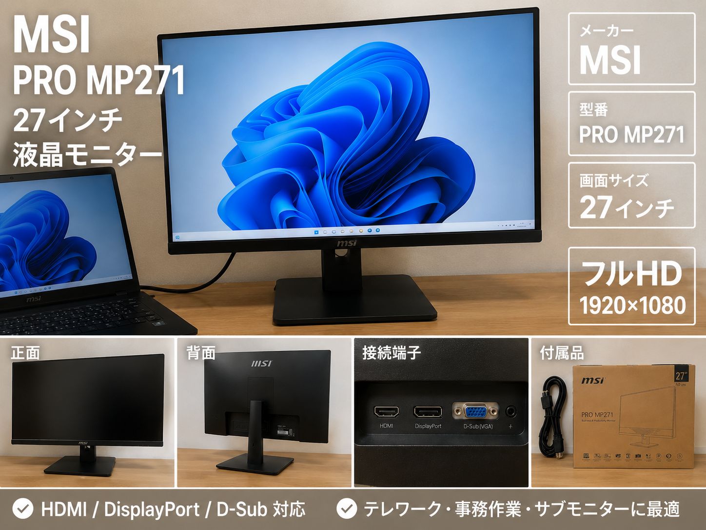 MSI エムエスアイ PRO MP271 27インチ フルHD 液晶モニター HDMI DisplayPort対応 元箱付 動作確認済 260613-1