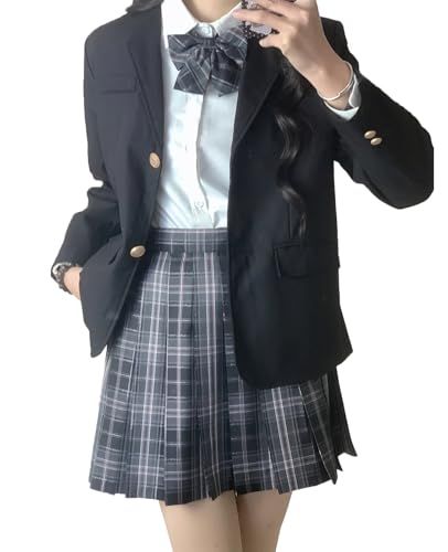 [QOOLY?] レディース チェック セーラー服 ブレザー スカート セット 黒 S★m fc24d7d5
