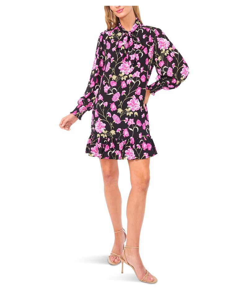 セセ レディース トップス ワンピース フラワー柄 フラワー CeCe Long Sleeve Neck Bow Tie Floral Dress Rich Black ブラック