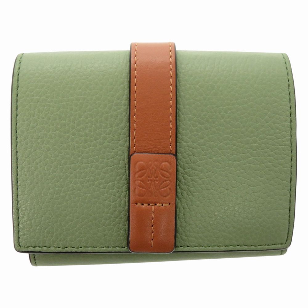 美品 ロエベ アナグラム スモール ウォレット ec23393 カーフ グリーン 三つ折り財布 緑 1228 LOEWE