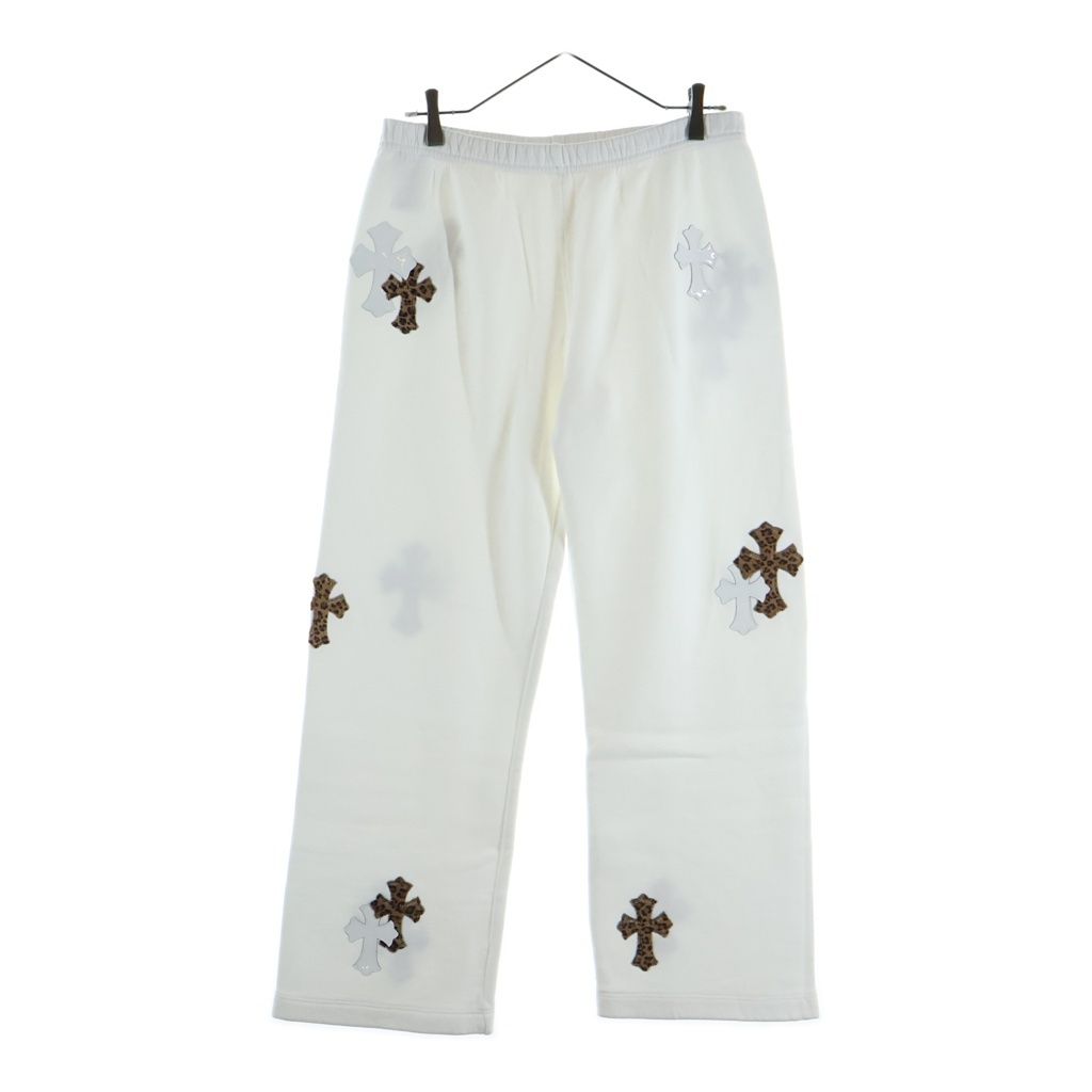 CHROME HEARTS (クロムハーツ) Y Not Multi Leather Cross Patch Sweatpants ワイノット マルチセメタリークロスパッチ エナメル ハラコレザー スウェットパンツ ホワイト
