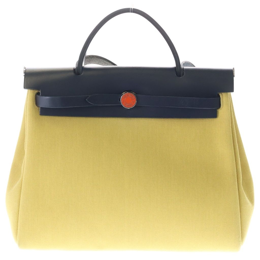 HERMES (エルメス) エールバッグ ジップPM ハンドバッグ ショルダーバッグ イエロー×ネイビー レザー U刻印 シルバー金具