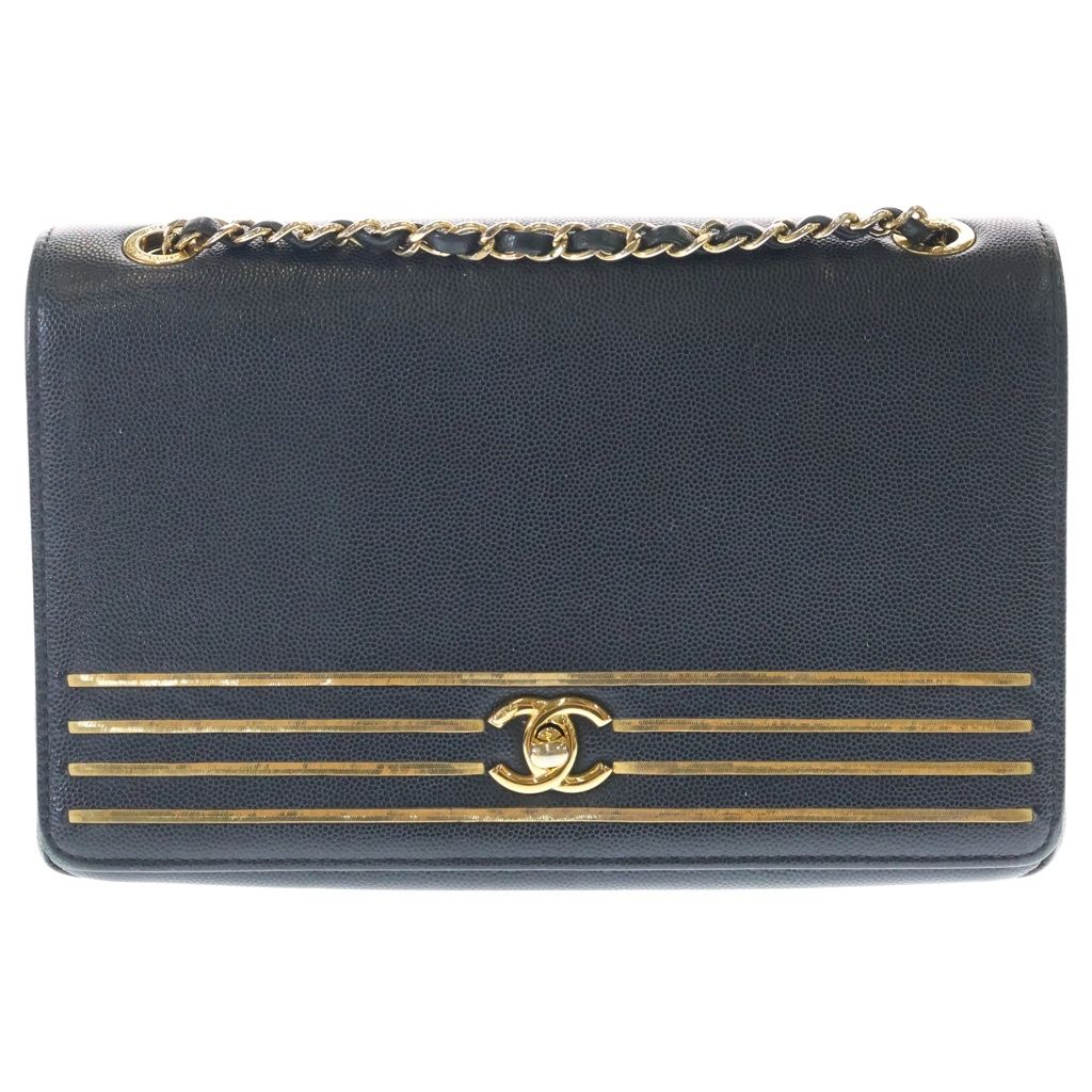 CHANEL (シャネル) キャプテンゴールド フラップバッグ ショルダーバッグ ブラック キャビアスキン ゴールド金具