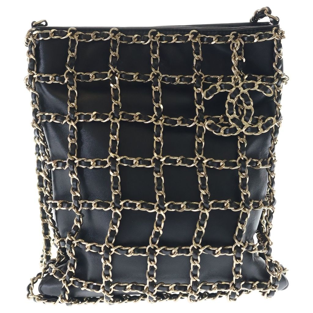 CHANEL (シャネル) ココマーク チェーン ラムスキン レザー ショルダー バッグ ゴールド金具 ブラック 30番台