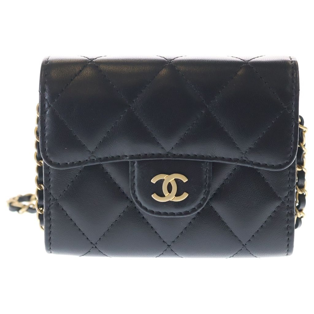 CHANEL (シャネル) マトラッセ ラムスキン ゴールド金具 チェーンショルダーウォレット 財布 コインケース A81465 ブラック