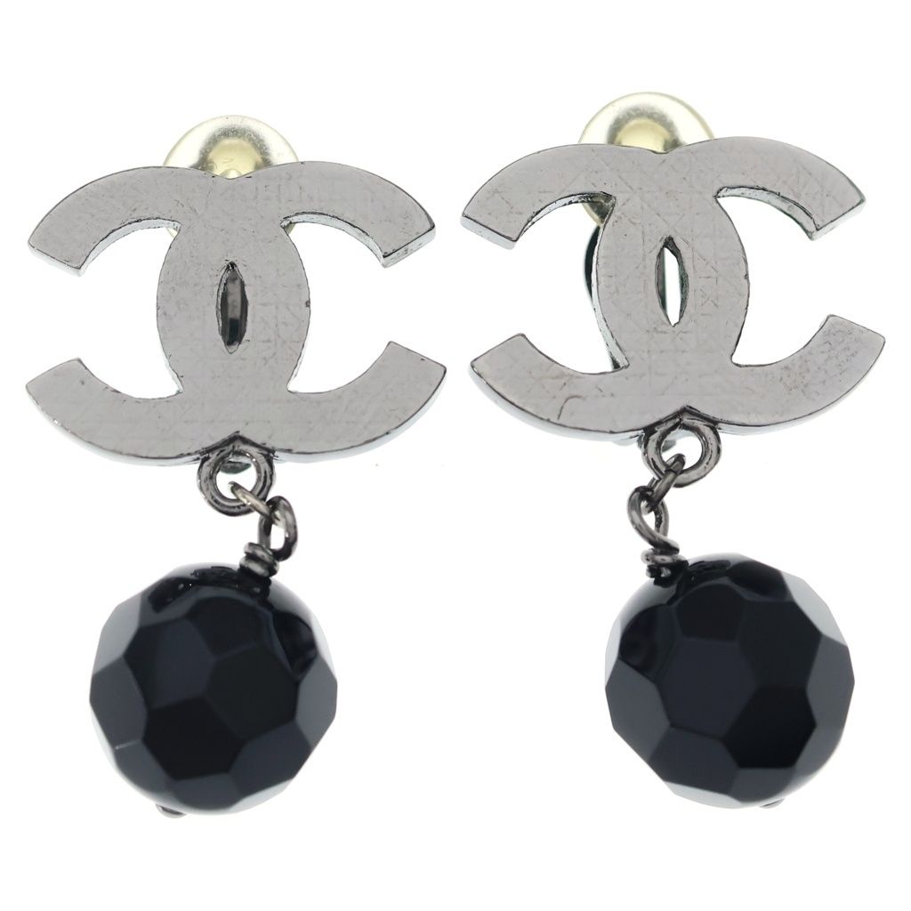 CHANEL (シャネル) ココマーク ブラックストーン ガンメタル イヤリング 10V シルバー/ブラック