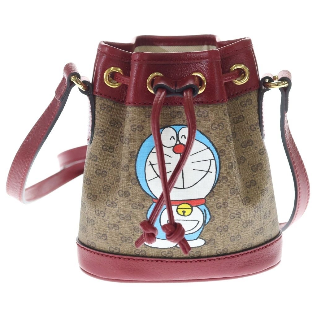 GUCCI (グッチ) ドラえもんコラボ ミニバケットバッグ ミニGGスプリーム ショルダーバッグ ブラウン×レッド レザー 647801 ゴールド金具