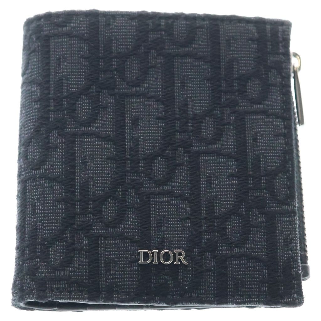Christian Dior (クリスチャンディオール) ディオール オブリーク ジャカード 二つ折り財布 コンパクトウォレット コインケース ブラック シルバー金具