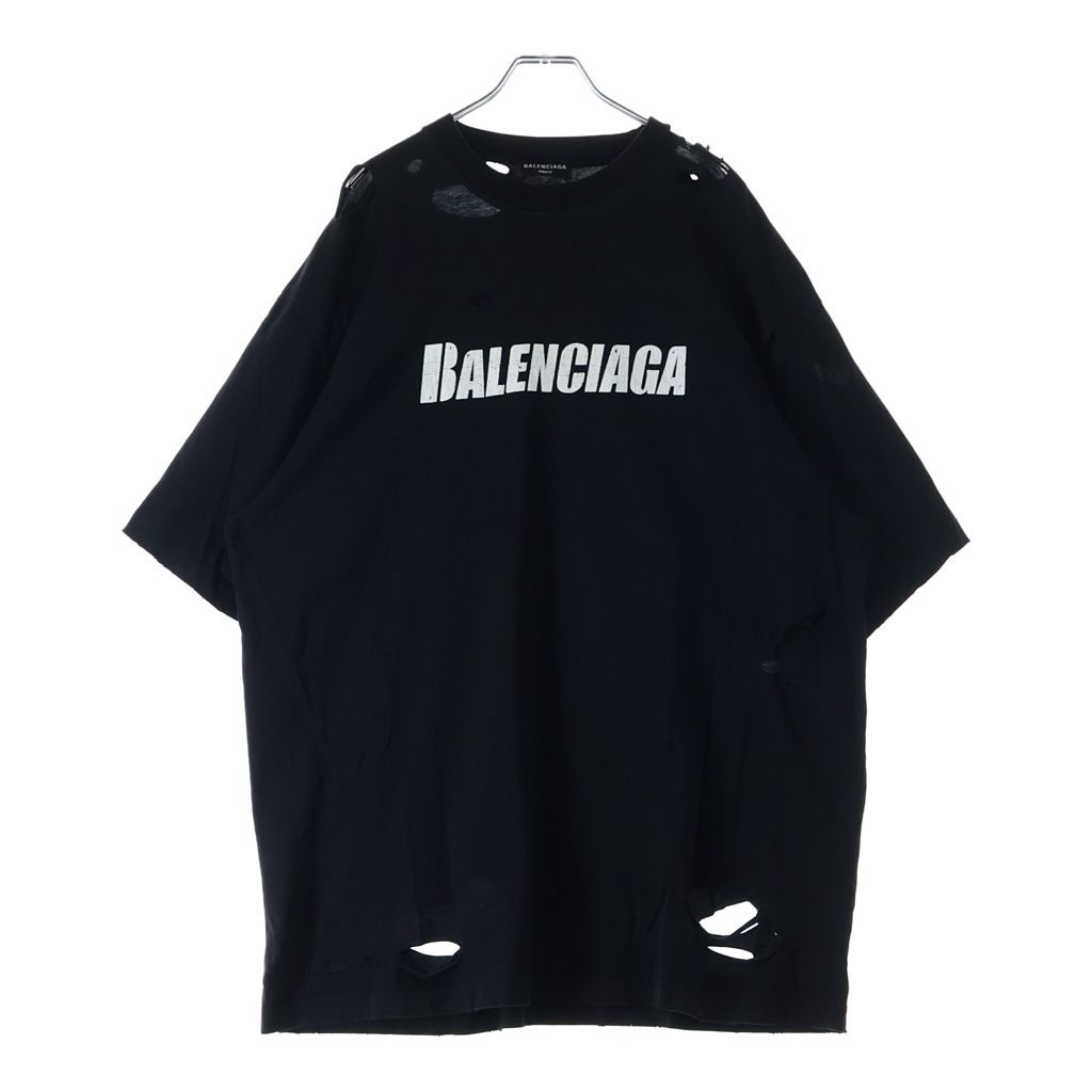 BALENCIAGA (バレンシアガ) DESTOROYED LOGO OVERSIZED T-SHIRT 半袖 クルーネック Tシャツ ブラック 651795