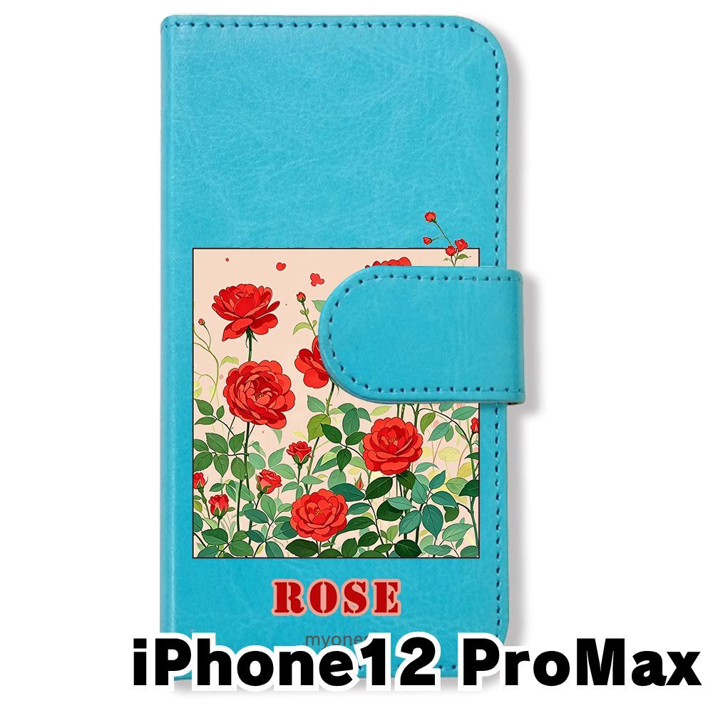 新品未使用】 iPhone12 Pro Max 手帳型スマホ ケース (色：ブルー×バラ 