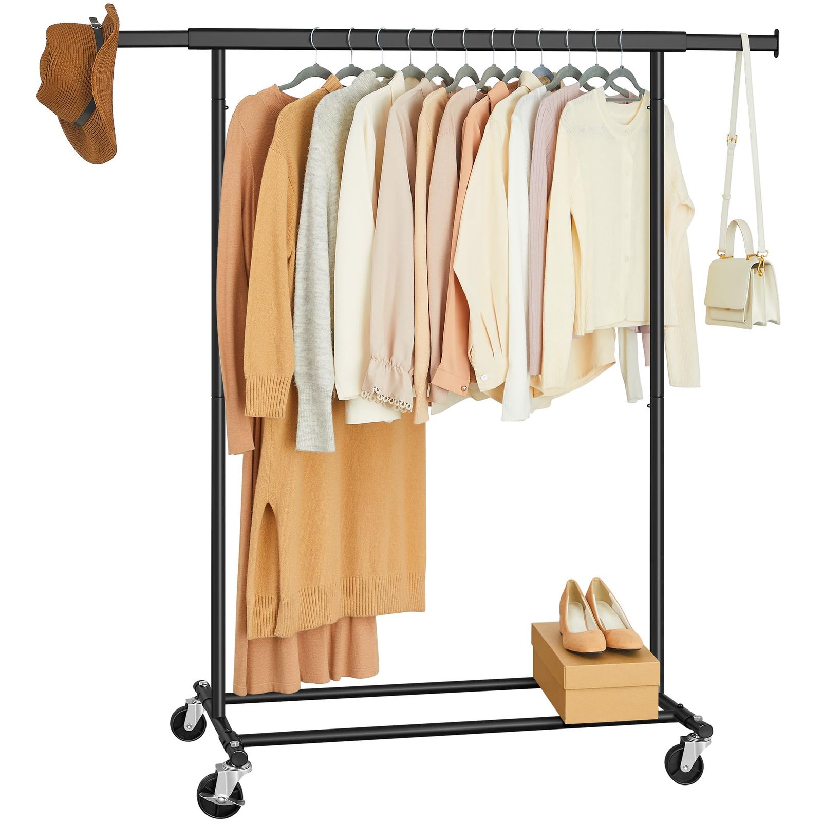 SONGMICS ハンガーラック 伸縮式 洋服ラック 頑丈 衣装掛け 幅92~132cm 耐荷重100Kg 大容量 衣類収納 安定性 業務用 キャスター付き 移動しやすい 室内物干し ちょうどいいサイズ HSR13BKV1ｍａ