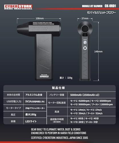 CYBERSTORK（サイバーストーク）日本メーカー 小型ブロワー 洗車用 充電式 電動ブロワー 仕上げ用 水滴飛ばし コンパクト＆堅牢 アルミボディ放熱設計 軽量329g 高耐久ブラシレスモーター USB充電 CK-ORD1ｍａ