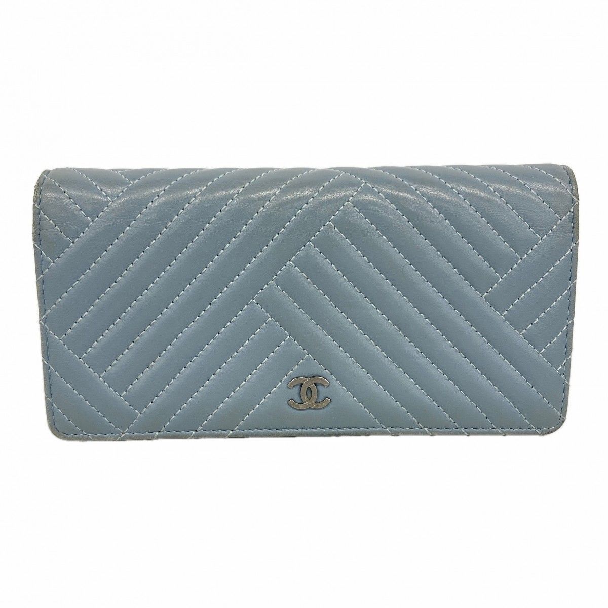 【6fb2538-k】シャネル 長財布 ラムスキン ブルー シルバー金具【中古】レディース