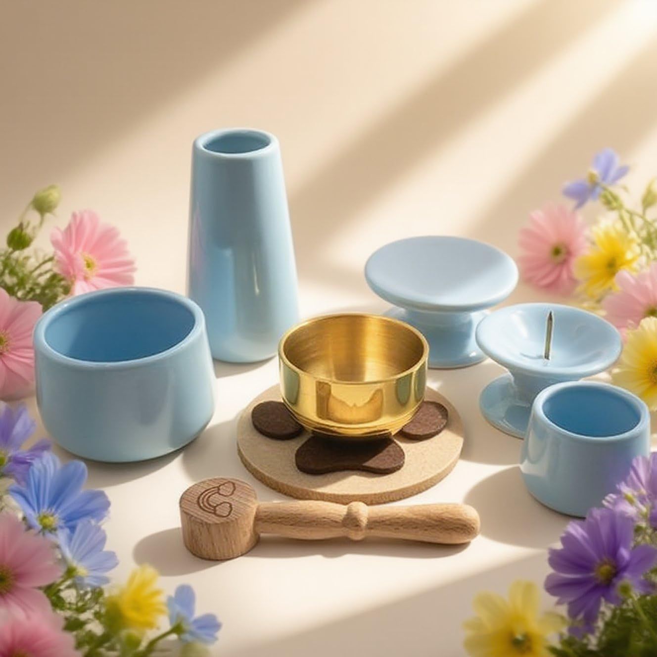 【人気商品】【ペット仏具セット 8点 パステルブルー】かわいいパステルカラー 肉球フェルトおりん付き 虹の橋りん棒 カラフルろうそく付属｜かわいいミニサイズ 仏具 花立・香炉・水入れ・供物皿・ろうそく立て・香炉灰セット（ペット供養専用）