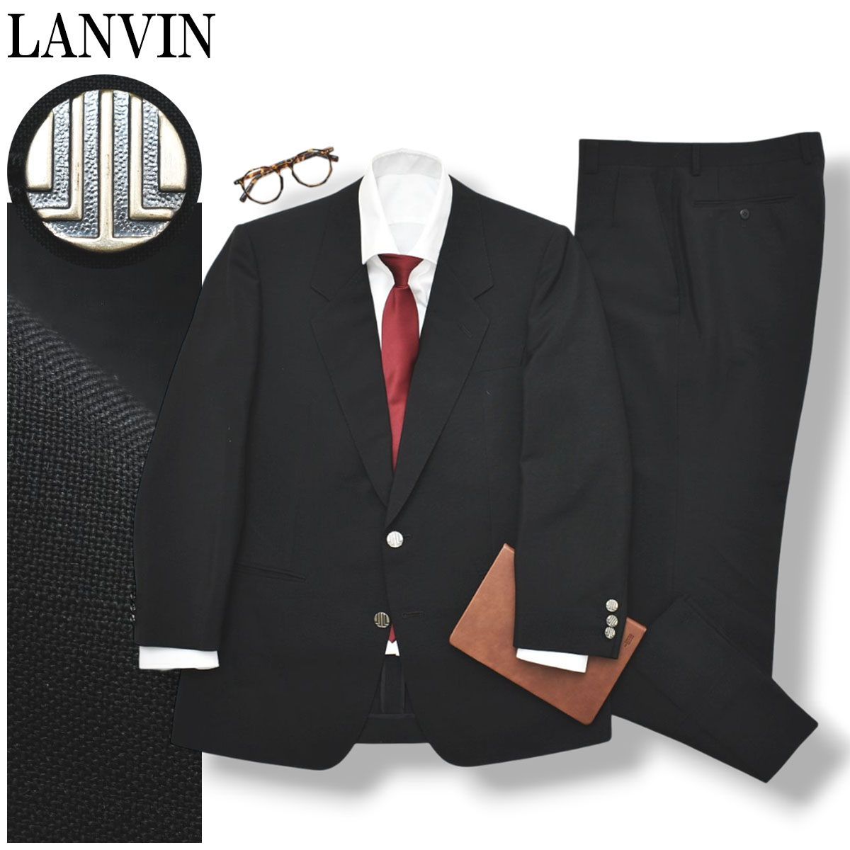 ランバン LANVIN メタルボタン シングル 2B ブラックスーツ セットアップ 上下 テーラードジャケット スラックスパンツ セミフォーマル 銀ボタン 春夏 R48-45 メンズ