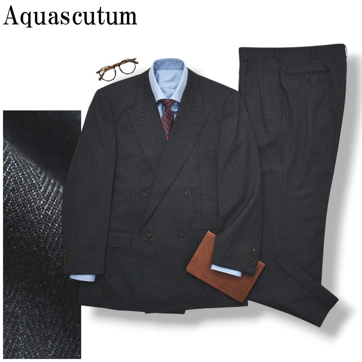 【上質】 アクアスキュータム Aquascutum カシミヤ紺ウール ヘリンボーン柄 ダブル 4B スーツ セットアップ 上下 テーラードジャケット スラックスパンツ 通年 AB6 グレー メンズ