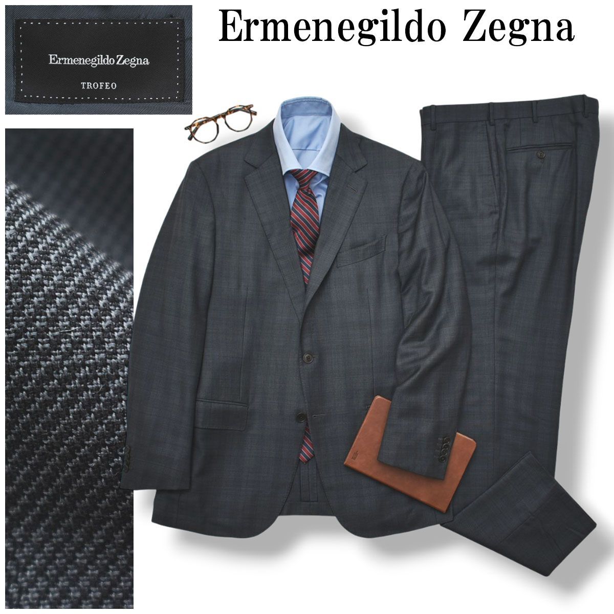 【高級】 スイス製 エルメネジルド ゼニア Ermenegildo Zegna トロフェオ TROFEO シャドーチェック シングル 2B スーツ セットアップ 上下 春夏 7-50R グレー メンズ