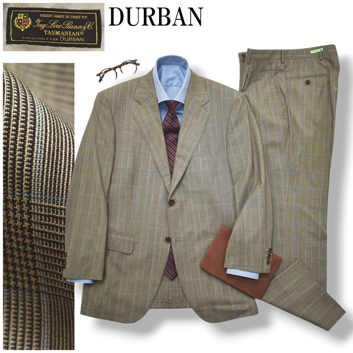 【高級】 ダーバン DURBAN ロロピアーナ Loro Piana TASMANIAN グレンチェック シングル 2B スーツ セットアップ 上下 テーラードジャケット スラックスパンツ 春夏 A5 グレー メンズ