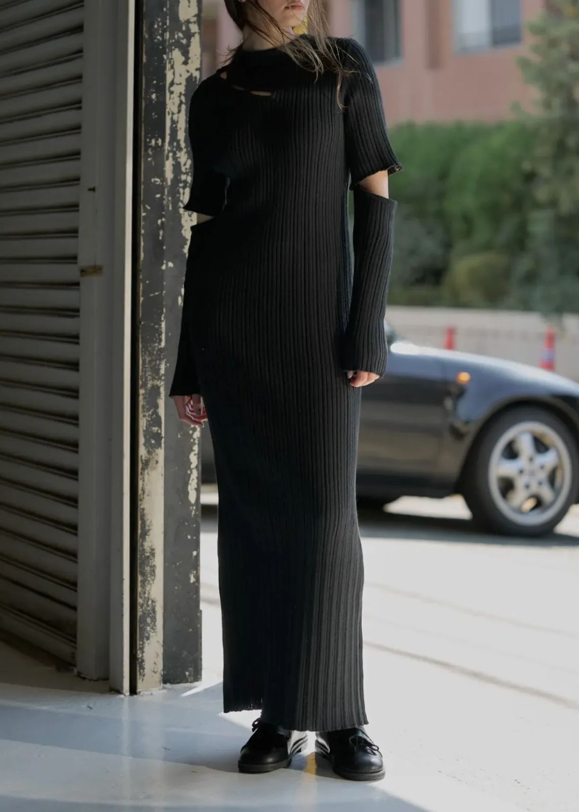 【アウトレット】WILLFULLY/ウィルフリー ランダムリブ ワンピースドレス (ブラック) random rib removable sleeve knit OP